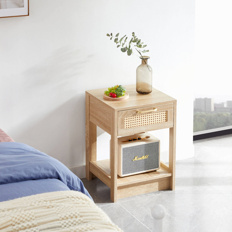 Table de bout en rotin de 15,75 po avec tiroir, table de chevet moderne, table d'appoint pour le salon et la chambre à coucher