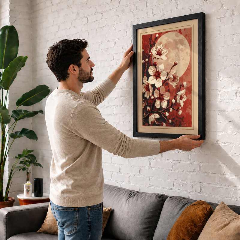 Moonlit Cherry Blossom Japandi - Framed Print, A4 - 29.7 x 21.0 cm, Unframed