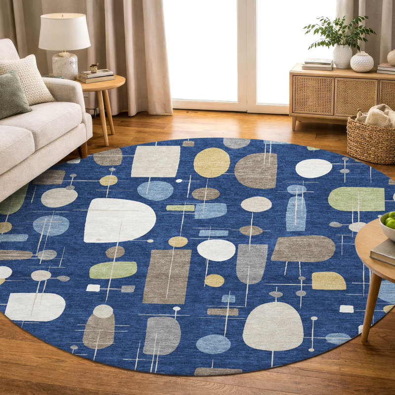 Premium Machine Washable Mayfield AMF2393 Geometric Rug, Navy, 8' Round