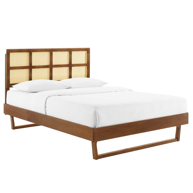 Modway Sidney Cane and Wood Platform Bed with Angular Legs, King, Walnut