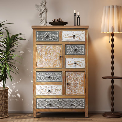 Vintage Tall Cabinet With 6 Drawers And 2 Doors, Multicolor , Ideal For Bedroom, Living Room, Bathroom Use Wooden Chest Rustic Suitable Storage