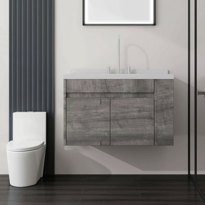 Meuble-lavabo flottant 36 po avec lavabo, porte à fermeture en douceur, comptoir et dosseret en marbre de culture blanc de 2 po Carrara