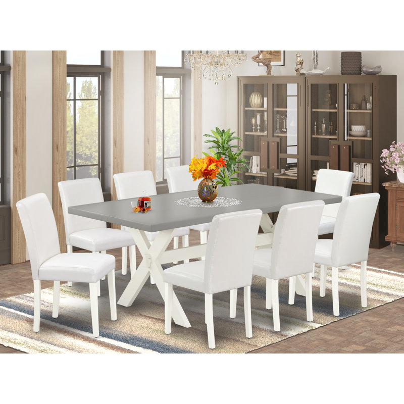 9 Piece Dining Table Set Includes a Rectangle Kitchen Table with X-Legs and 8 White Faux Leather Parson Dining Room Chairs, Wire Brushed Linen White