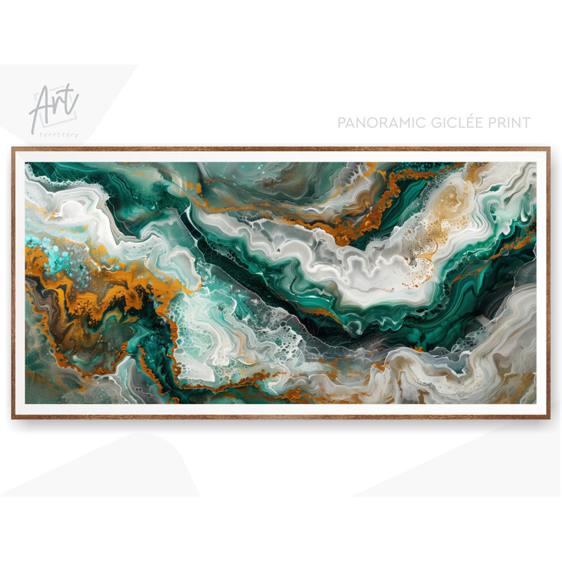 Abstract Geode Wall Art Print or Canvas, Emerald And Gold Marble Shape Decor, No Frame, 30 H x 60 W