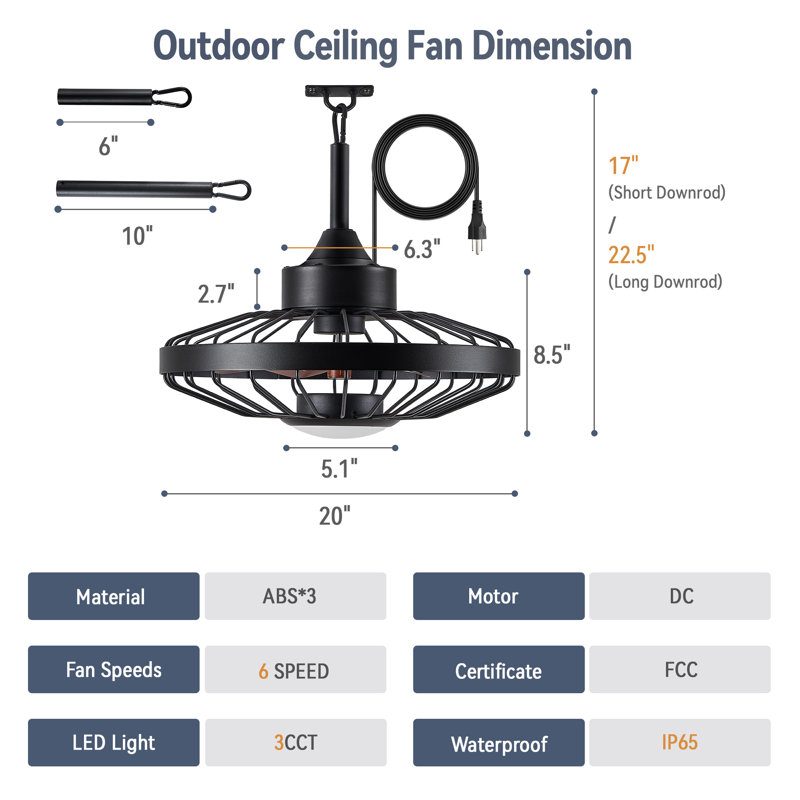 Cissline 20" Modern Waterproof Outdoor Ceiling Fan with Dimmable LED Light and Remote, Brown, Brown Wood