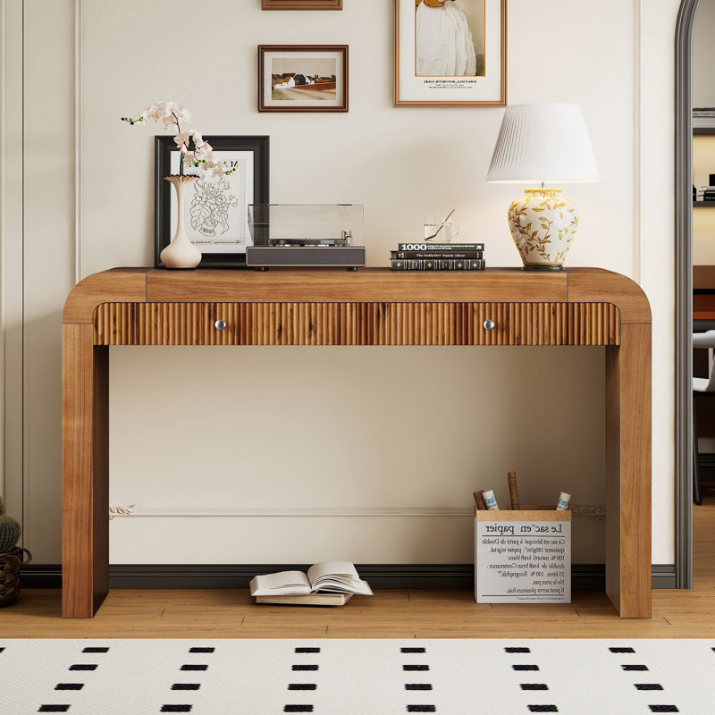 Floret 54.3" Fluted Design Console Table With Curved Edge, Brown