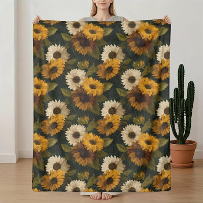 Plaid décoratif en flanelle à motif tournesol, couleur olive, 101,6 x 127 cm