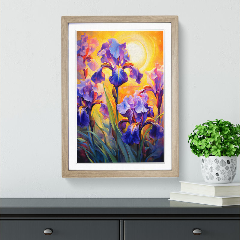 Iris Flower Impressionism No.3 - Single Picture Frame Print on Wood, 34cm H x 25cm W x 2cm D, Oak