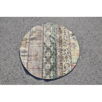 Organic Oushak Antique Oriental Round Rug: Vintage Turkish Rug Ideal for Entryway