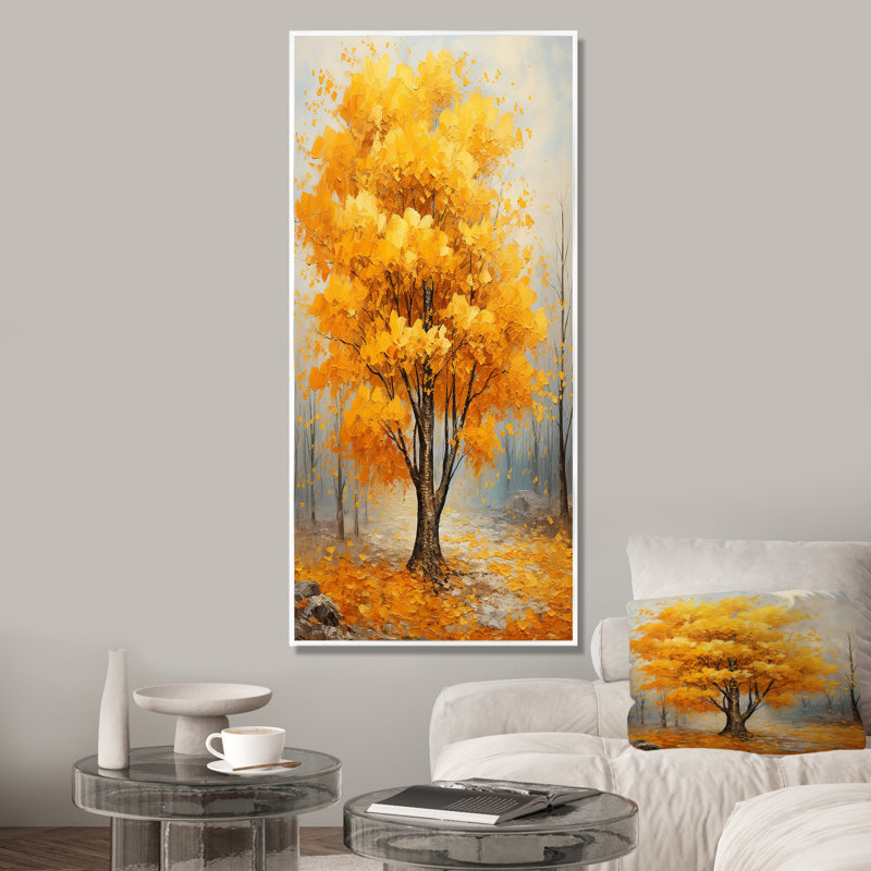 «Yellow American Basswood Forest I» - art mural arbre, Cadre flottant blanc, 20" H x 12" W