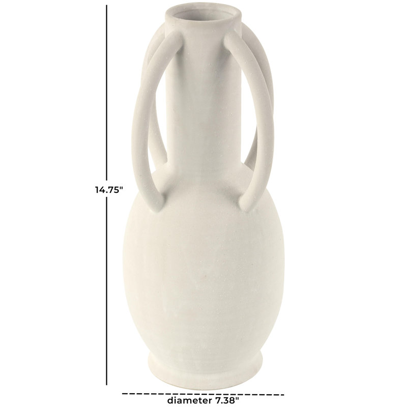 Ceramic Textured Decorative Vase with 4 Handles, Cream, 13.95" H x 13.95" W x 13.95" D
