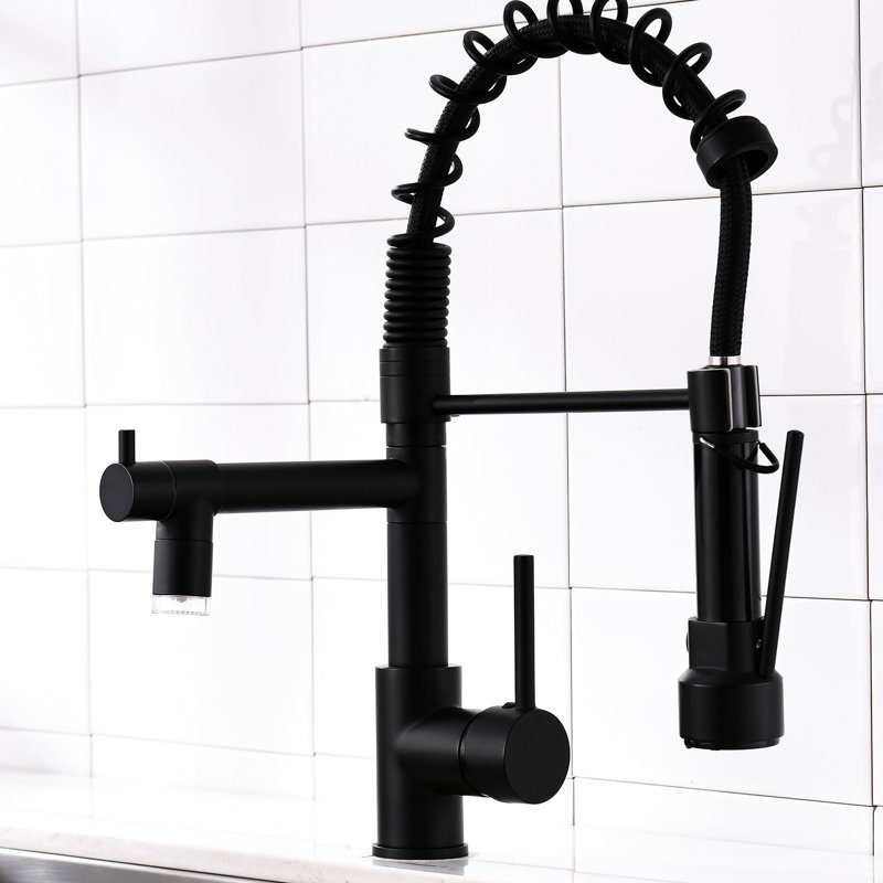 Robinet d'évier de cuisine à DEL avec tête de jet rétractable, noir, levier simple, fabrication de précision en laiton, poignée, arche haute