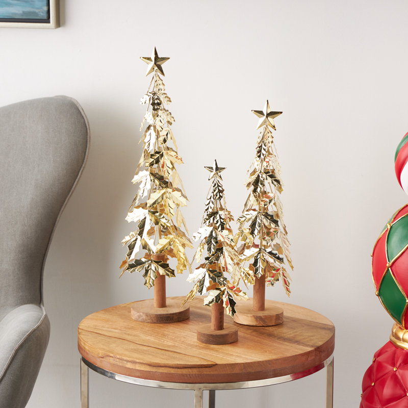 Jazmyn Metal Layered Branch Tree Decorative Christmas Sculpture with Wooden Base and Star Topper Set