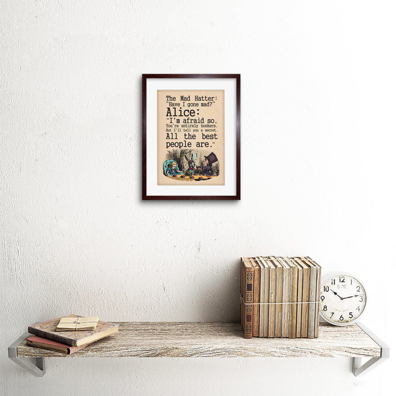 Quote Carroll Book Alice Wonderland Mad Hatter Tea Party - Single Picture Frame Art Prints, Brown, 35cm H x 25cm W x 2.4cm D