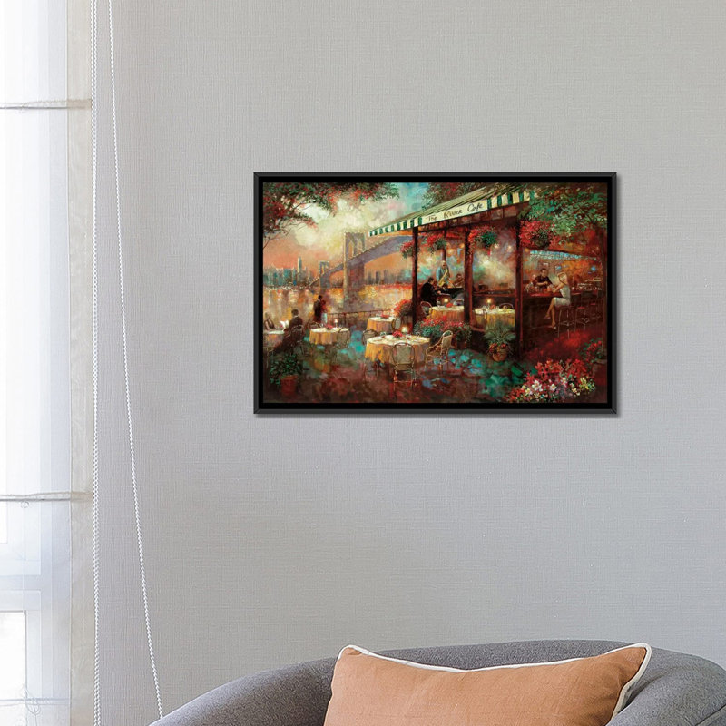 «The River Café» par Ruane Manning, reproduction d'art sur toile tendue, H 18 po x l 26 po x p 1,5 po, Toile avec cadre noir