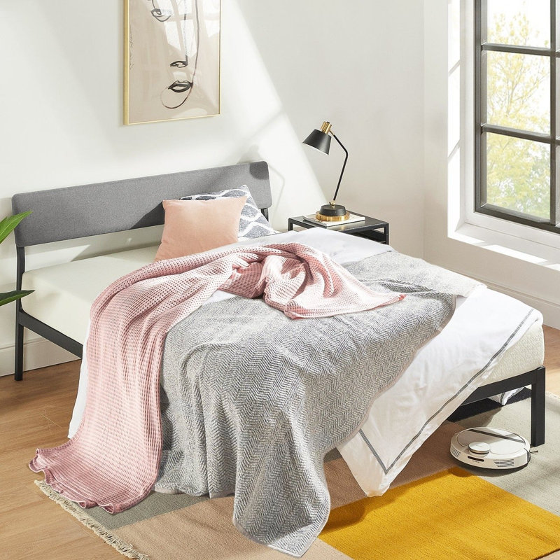 Upholstered Metal Platform Bed, Queen, Classic Gray