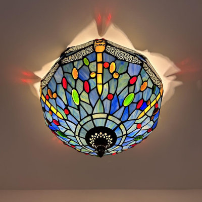 Plafonnier Tiffany avec ampoules DEL en libellule en verre coloré bleu l 12 po x P 12 po x H 8 po