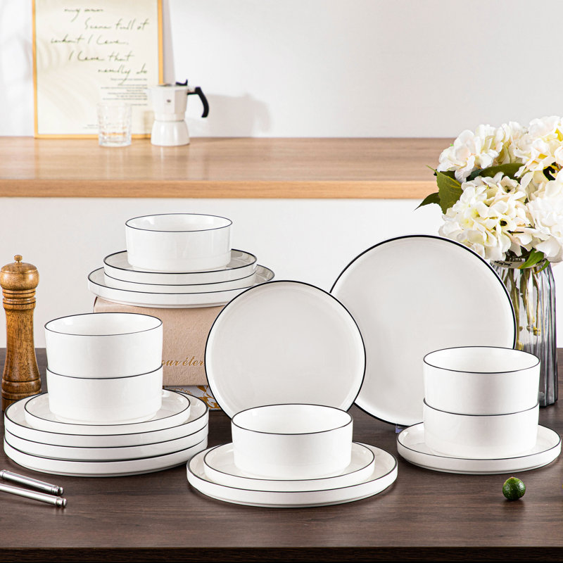 Service de table moderne en porcelaine 18 pièces, service pour 6 18 pièces, Ivoire / blanc / noir