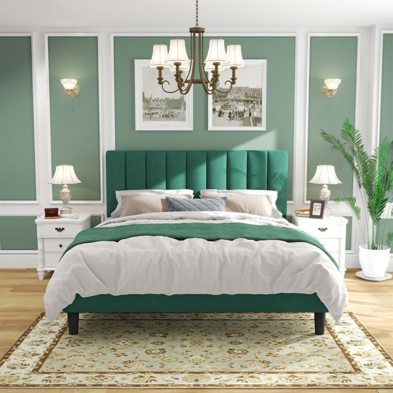 Base de lit pleine grandeur en velours vert émeraude - Tête de lit réglable (pour matelas de 10 à 12 po), capacité de 800 lb, sans bruit, assemblage facile