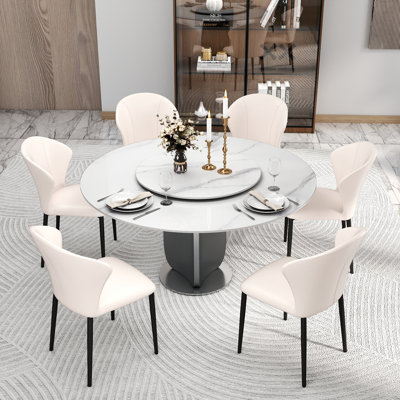 7-Piece Modern Round Sintered Stone Lazy Susan Dining Table Set With 6 PU Leather Chair