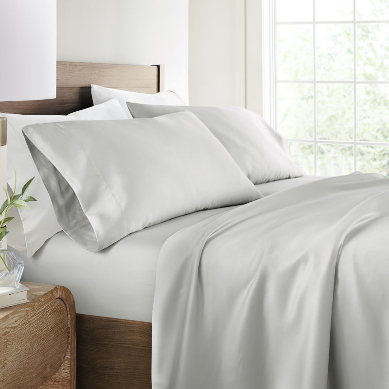 Ensemble de draps 100% rayonne de bambou soyeux, Ensemble de draps pour très grand lit avec 2 taie, Gris clair