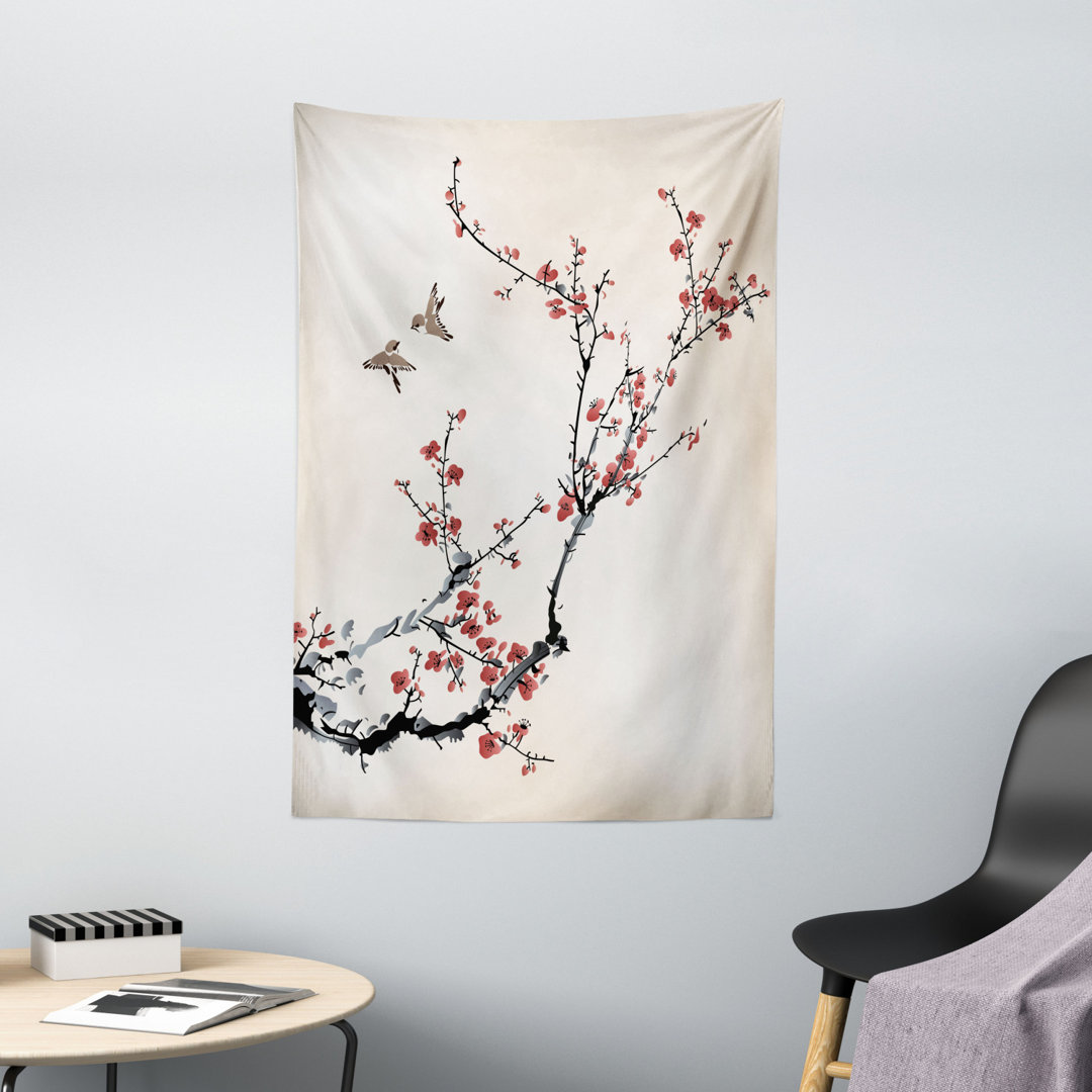 Wandbehang Blumen Knospen und Vögel mit Kirsche Zweige Stil Kunst Malerei Effekt