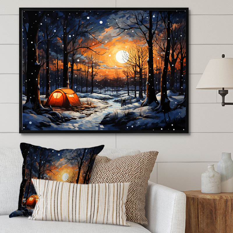 Winters Camping Glow I - paysages, reproduction sur toile, Cadre flottant noir, H 30 po x l 40 po x P 1,5 po