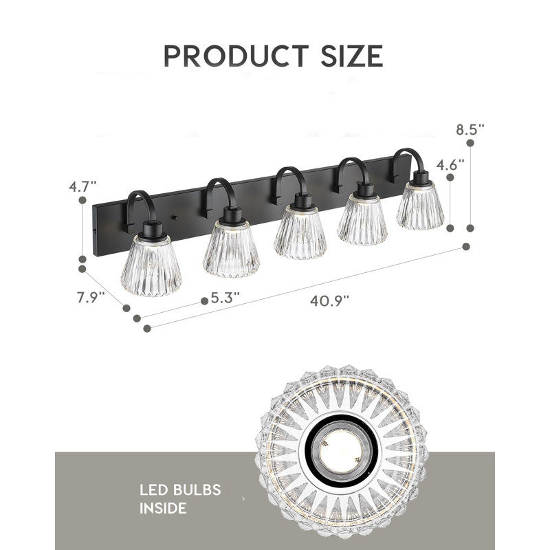 5 - Light Dimmable LED Vanity Light, Fluted Ripple Glass Shade, Industrial Vanity Lighting Fixtures, Black