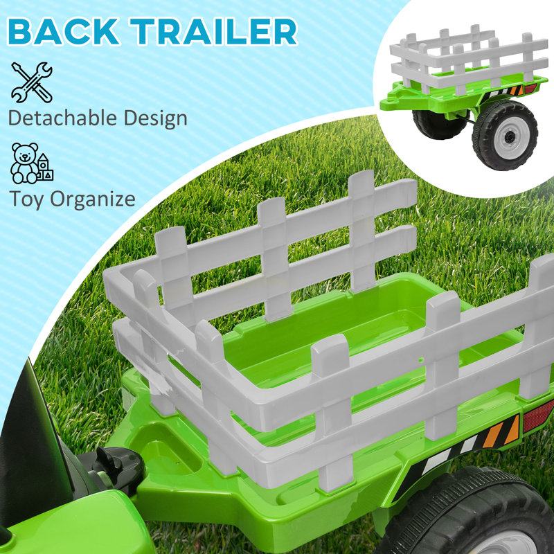 Green 12V Electric Ride-On Tractor with Trailer