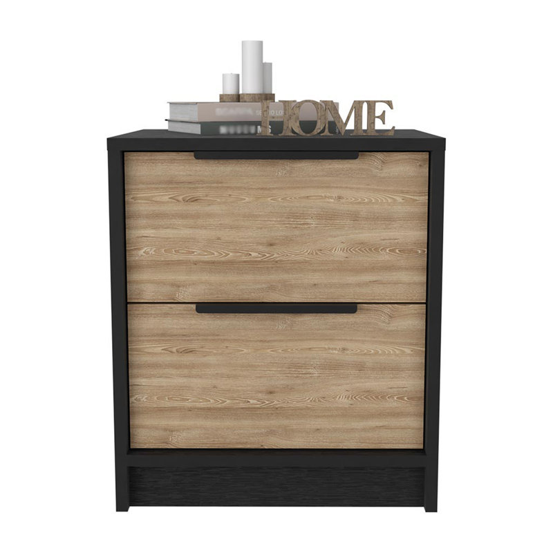 Nightstand Cervants, Two Drawers, Metal Handle, Black Wengue / Pine Finish, Black Wengue/Pine