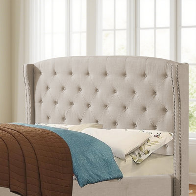 Linen Upholstered Wingback Headboard with Double Nailhead Trimming and Button Tufting for Bedroom