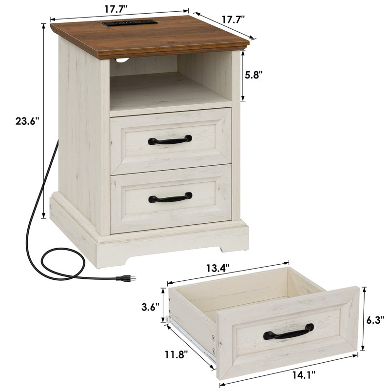 17.7'' W Farmhouse Nightstand With Built-in Outlets, 2 Drawers and Open Shelf, White/Brown