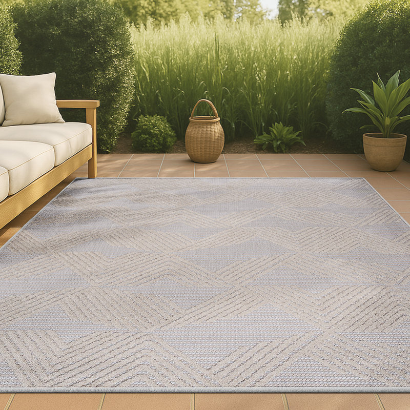 Sumeyya High-Low Pile Art Deco Geometric Beige Indoor/Outdoor Rug, Rectangle 4' x 6'