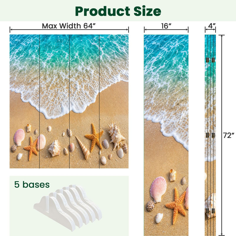 Paravent 4 panneaux séparateur de plage Royal Beach Shoreline Starfish Seashells, 71" H x 64" W x 1" D, 4