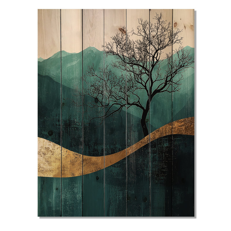 Arbre calme et audacieux en harmonie dorée émeraude - impression de paysage de montagnes - sur bois de pin naturel