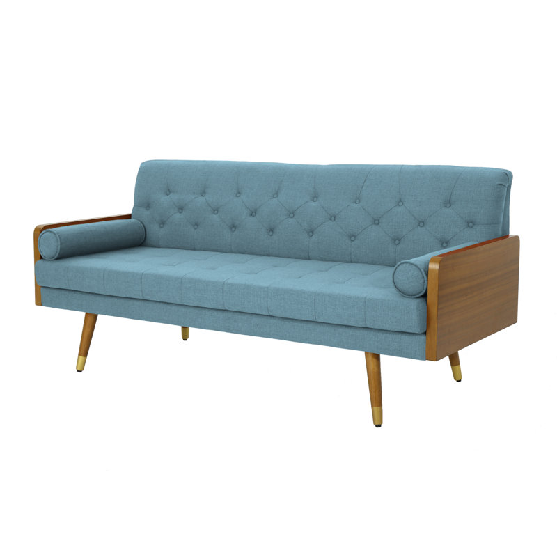 Bel-Air 72.2" Mid Century Modern Tufted 3 Seater Sofa with Bolster Pillows, Blue Polyester