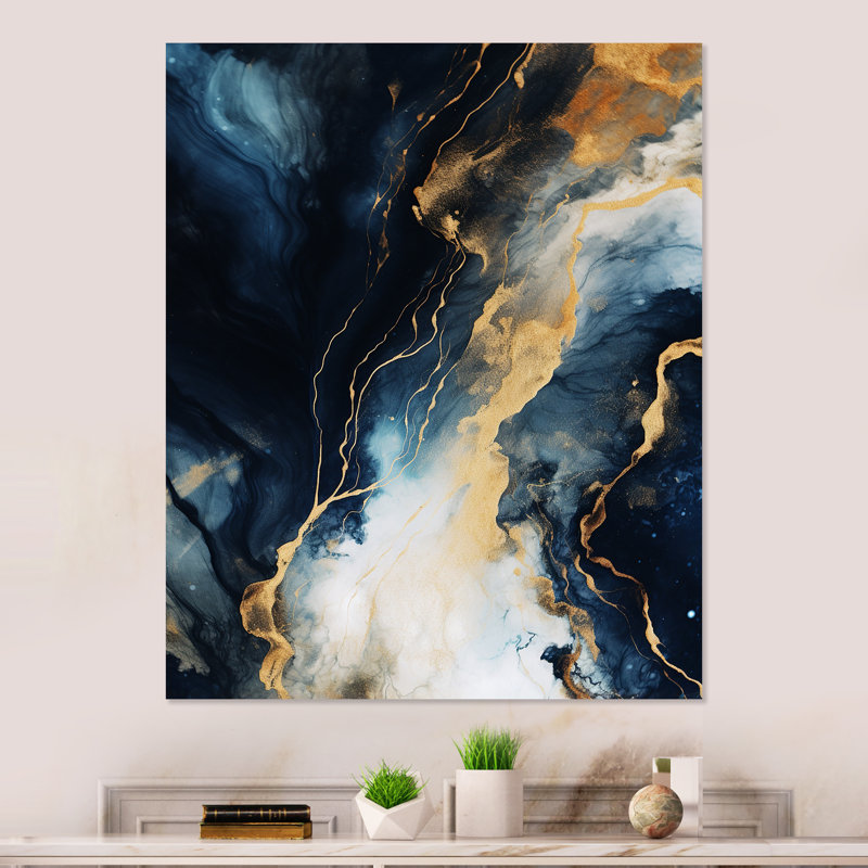 Or et bleu, peinture abstraite sur marbre II - décoration murale en marbre, H 20 po x l 12 po x P 1 po