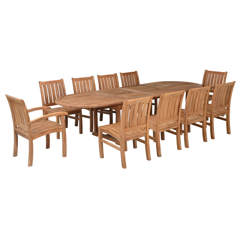 Ensemble de salle à manger d'extérieur en bois de teck 11 pièces 11 pièces avec table à rallonge ovale double et 10 chaises d'appoint Abaco