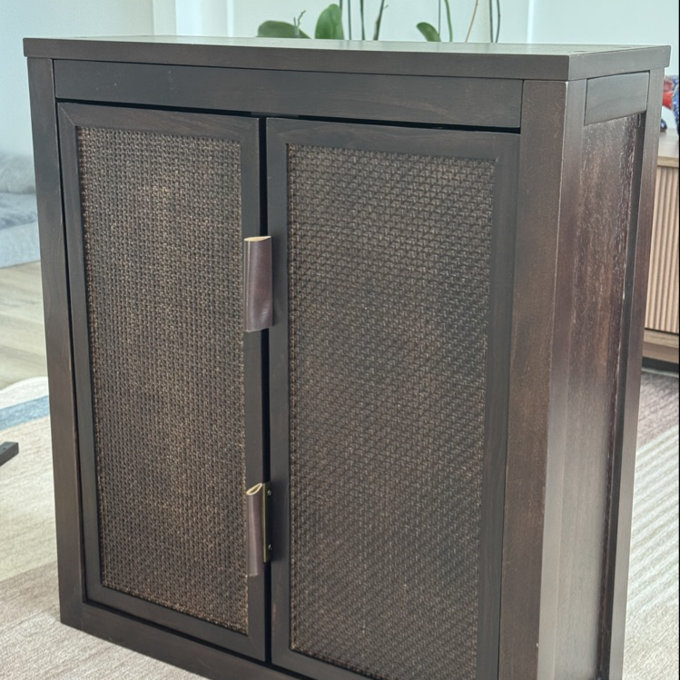 Modern Boho Over-the-Toilet Storage Wall Cabinet with 2 Rattan Inlay Doors, Adjustable Shelves & Solid Wood - Walnut