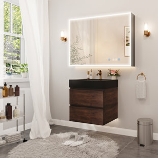 24 po Meuble-lavabo flottant simple en noyer avec plateau en sable noir quartz, 2 tiroirs souples, pré-assemblé