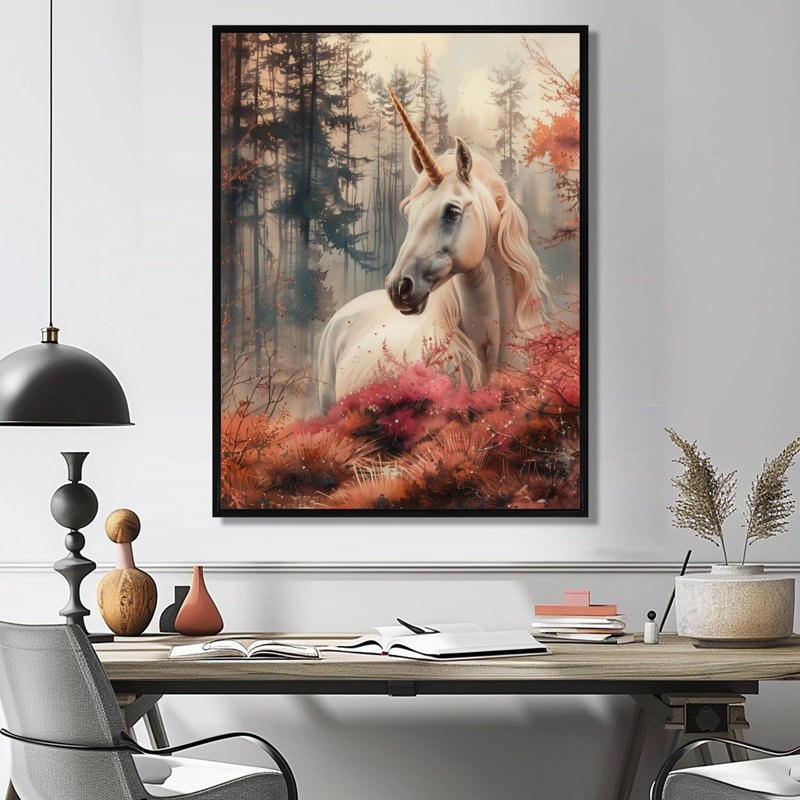 Licornes blanches et roses, créatures Mythiques - Créatures Mythiques, H 24 po x l 32 po, Cadre flottant noir, bois massif