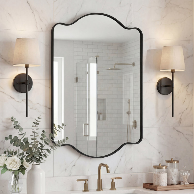Louisa 24 in. W x 36 in. H Medium Scalloped Rectangular Metal Framed Wall Mirror for Bathroom Vanity or Entryway, Black