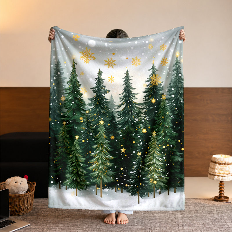 Winter Evergreen Forest Blanket, Gold Snowflake & Star Throw, Cozy Christmas Tree Fleece Blanket, 50x60in