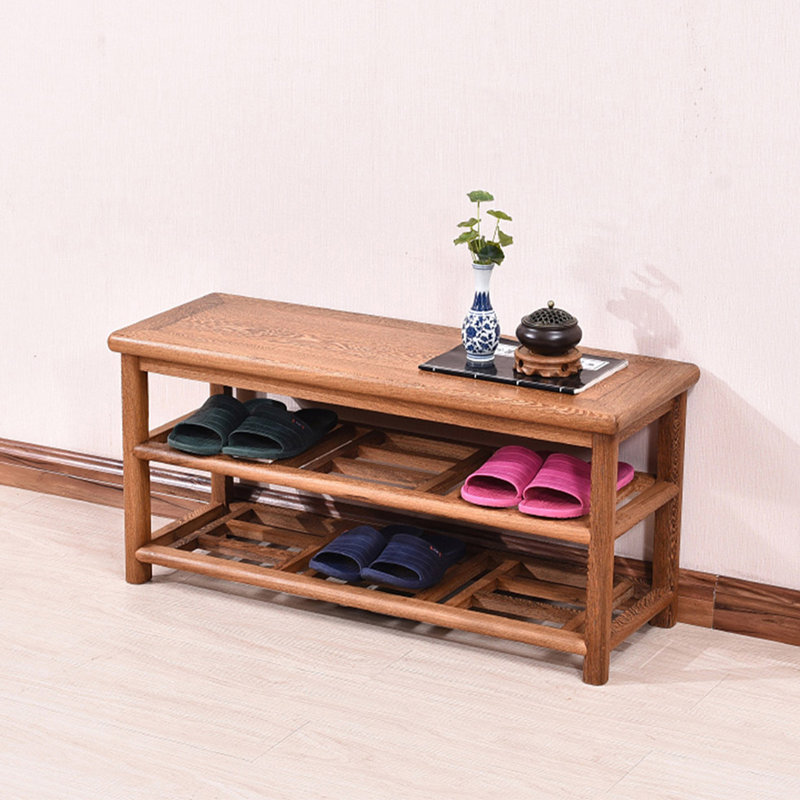 Chinese-Style Solid Wood Double-Layer Storage Shelf With Shoe Rack Function