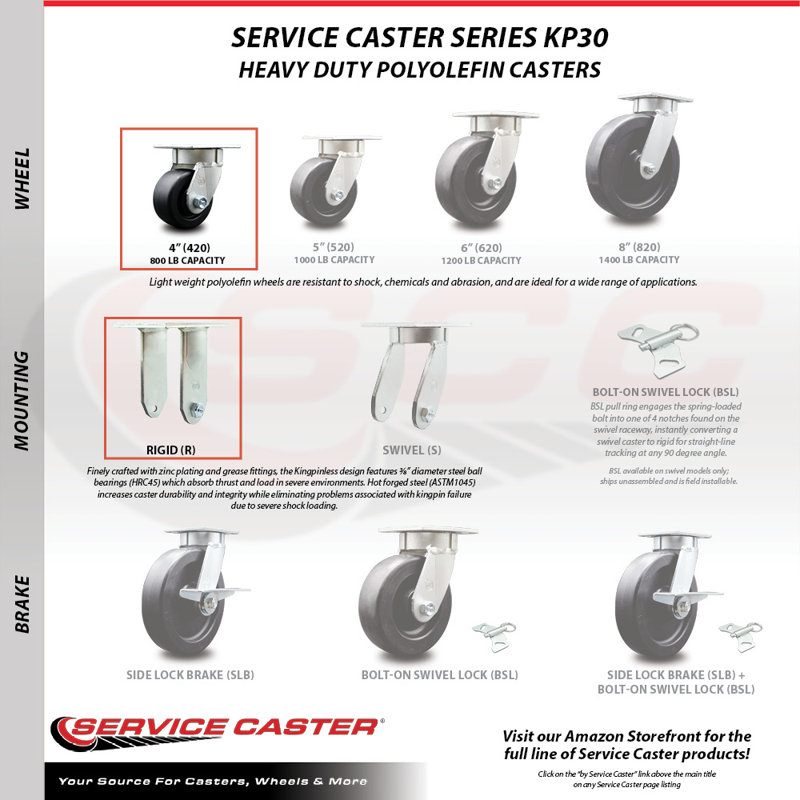 4 Inch Polyolefin Caster Set with Ball Bearings 2 Brakes 2 Rigid Service Caster|SCC-30CS420-POB-TLB-BSL-2-R-2