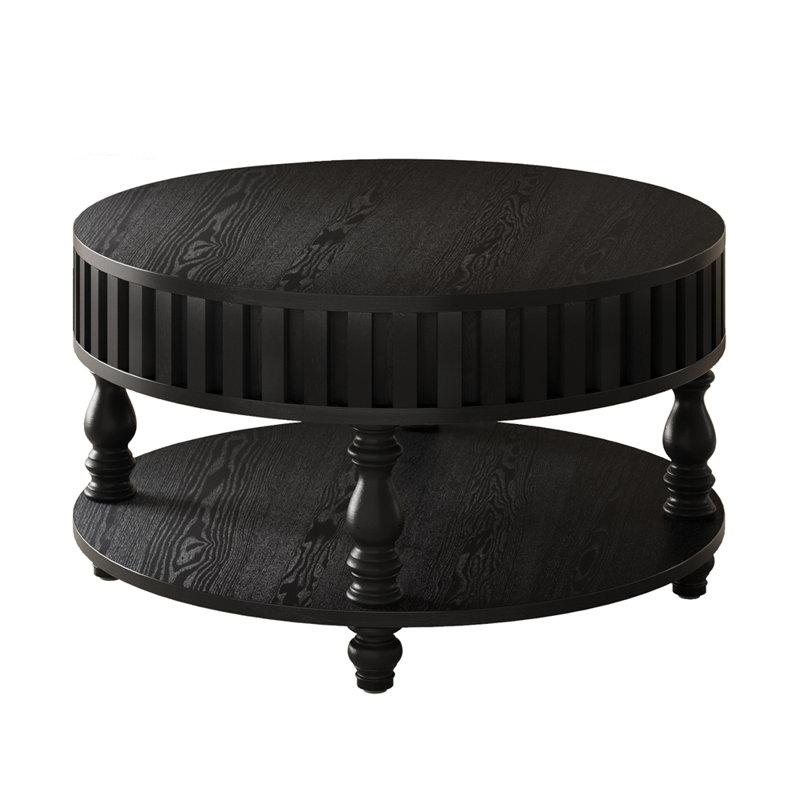 Table basse cannelée moderne avec rangement, table centrale à finition noire avec couvercle rabattable, pieds robustes en bois massif pour salon Mid-Century