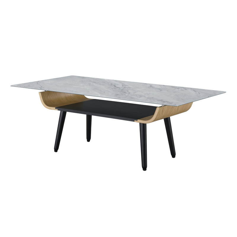 Table basse à texture de marbre gris 47 po, bois cintré, pieds noirs et tablette avec verre texturé, réglable en bois