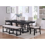 Rustic Traditional Dining Set Rectangle Table Fabric Upholstered Bench Tufted Nailhead Trim Chairs 6Pc Set