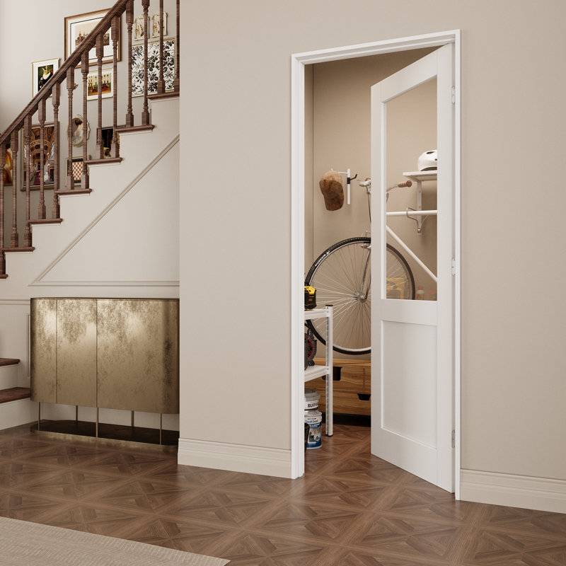 Porte intérieure semi-vitrée en verre clair, porte prémontée en MDF CARB P2 avec verre trempé certifié SGCC, avec ensemble de chambranle, joint d'étanchéité, charnières argentées et ouverture vers l'intérieur à droite, préfinie et facile à teindre soi-même, garde-manger, chambre, salle de bain et placard, 91,4 cm x 203,2 cm