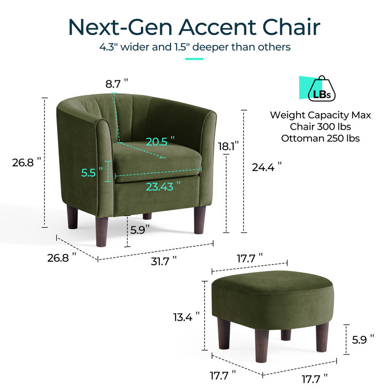 Fauteuil demi-tonneau rembourré avec repose-pieds 31,7 po Torince (ensemble de 2, H 26,8 po x l 31,7 po x P 26,8 po, Vert